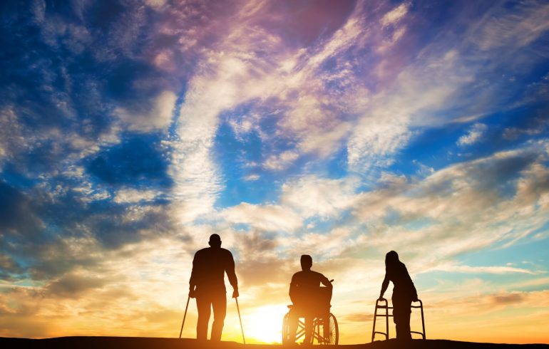 Three disabled people looking at the sunset. Idea of healing and hope. 3d illustration.